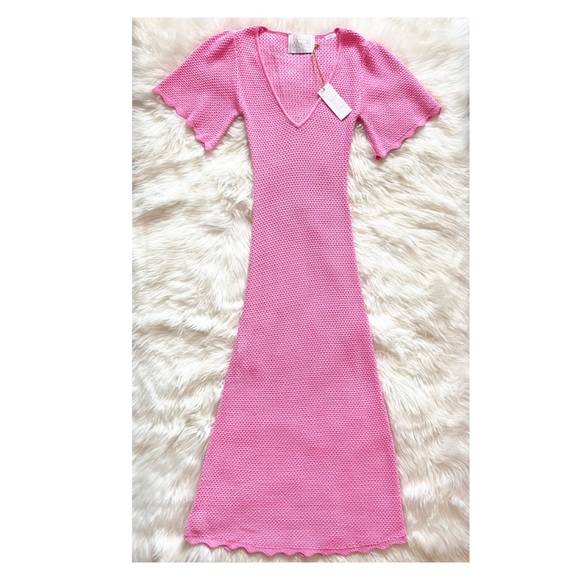 New! Rare VICTOR GLEMAUD Knit Deep V-Neck Midi Sweater Dress in Neon Pink - Picture 6 of 13